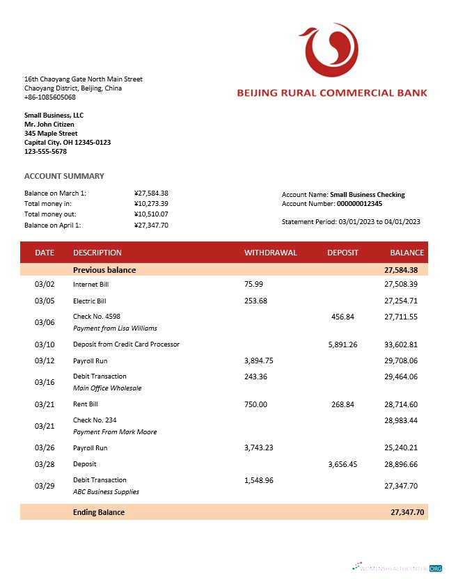 Download Beijing Rural Commercial Bank company statement Word and PDF template Photoshop template